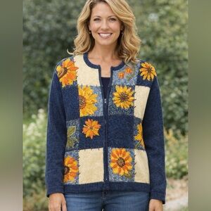 Natural Reflections Sunflower Patchwork Zip-Up Sweater - Navy and Cream Vintage